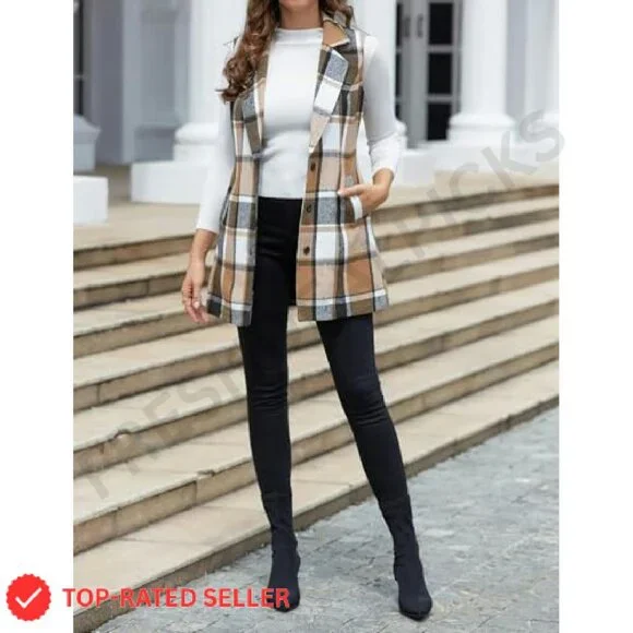 Sleeveless Wool Plaid Vest Classic Chic Slim Fit Fall Winter Outerwear - Picture 7 of 7